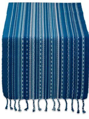 DII Blue Tonal Stripe with Fringe Table Runner 14x72